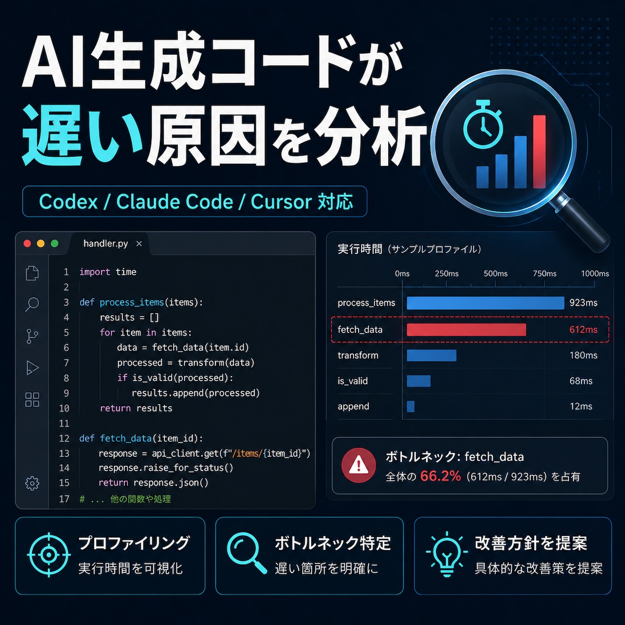 AI生成コードが遅い原因を分析します ボトルネックを特定し改善方針を提案します イメージ1