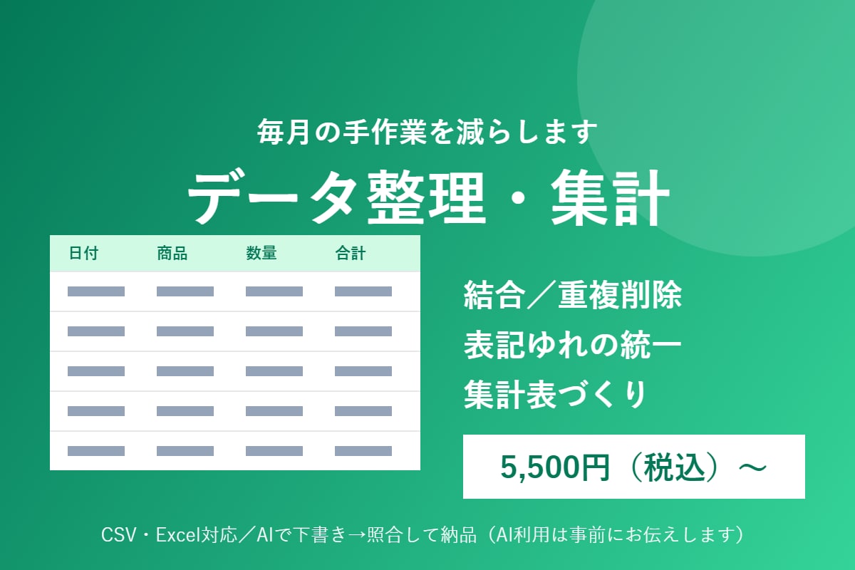 CSV・Excelのデータ整理を代行しますます 結合・重複削除・集計・形式変換。毎月の手作業を減らします イメージ1