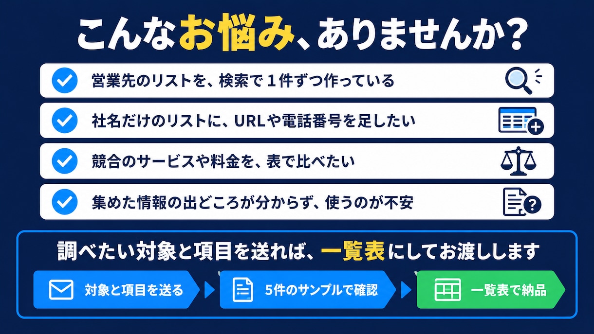 リスト作成｜Webで調べた情報を一覧表にまとめます 営業リストや競合調査に。出典URL付きの一覧表でお渡しします イメージ2