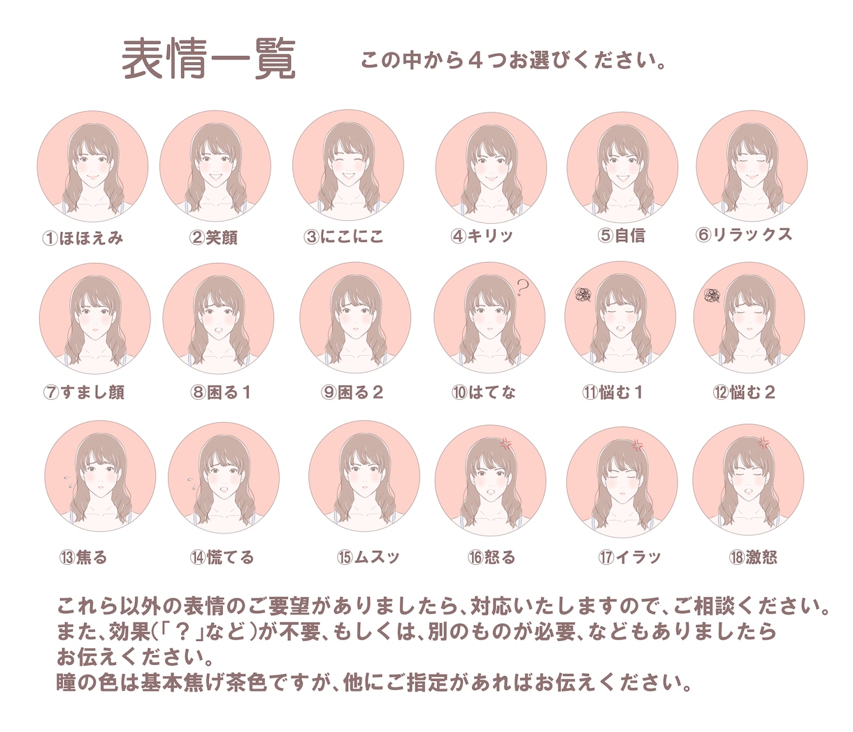 オシャレな女性の表情アイコン４点作成します 髪型はお好み、表情・服装は選ぶだけで簡単！吹き出しに最適！ イメージ2