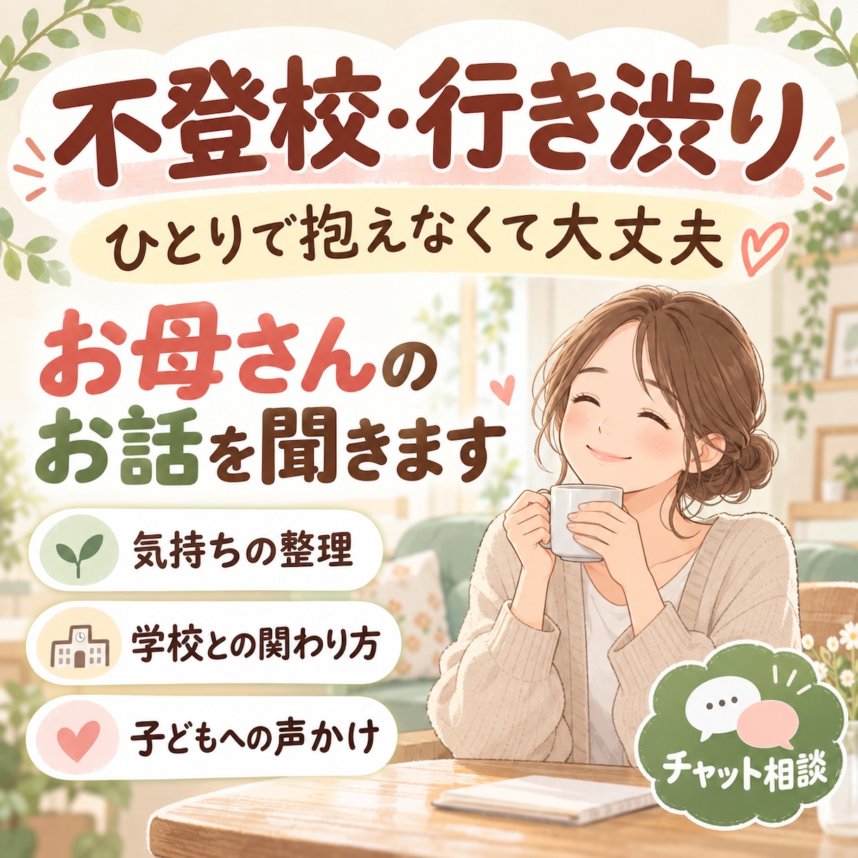 不登校、行き渋りのお母さんのお話を聞きます 「どうしたらいい？」を1人で抱えず一緒に整理します イメージ1
