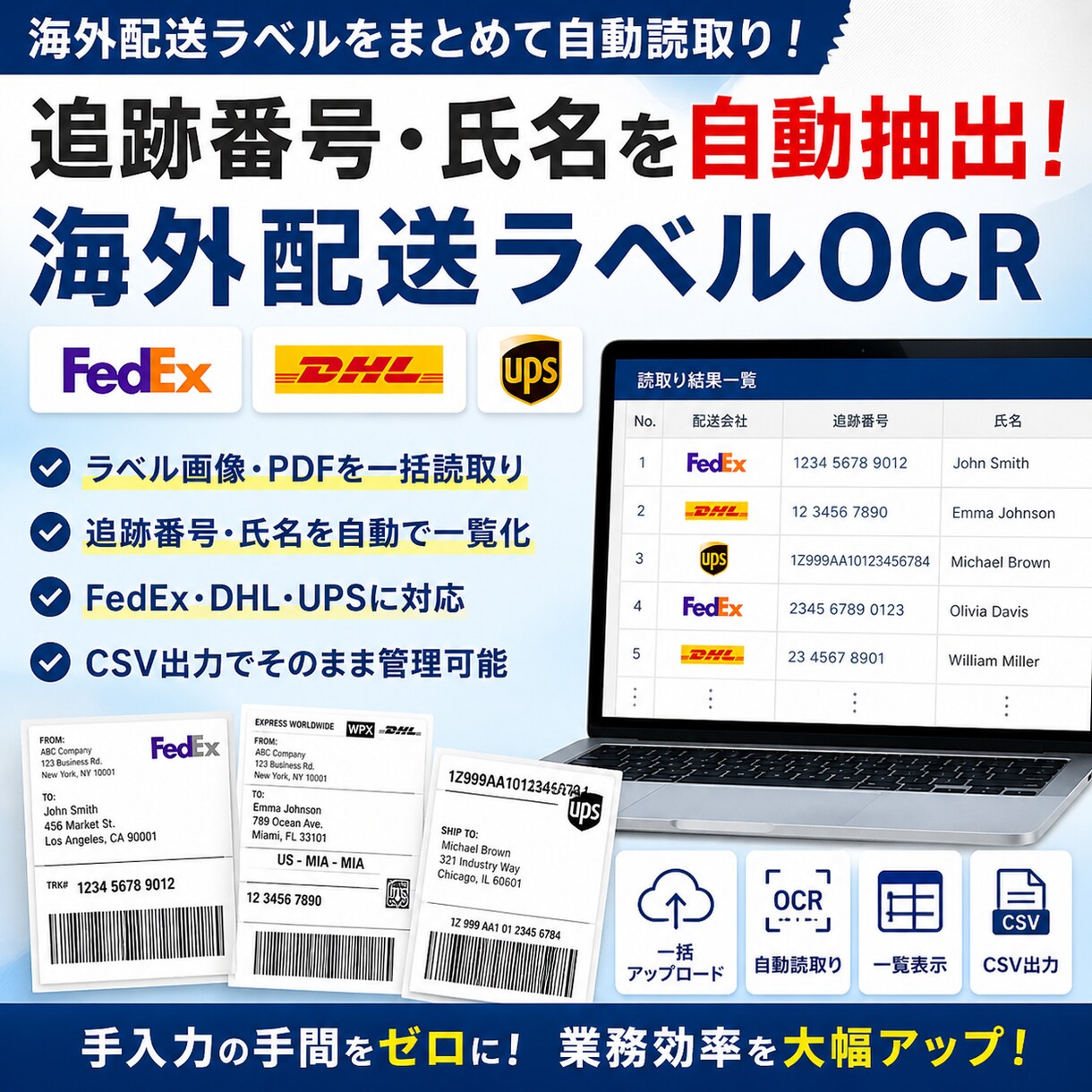 海外配送ラベル追跡番号の自動読取システム提供します 手入力ゼロ。FedEx/DHL/UPSラベルを一括処理 イメージ1