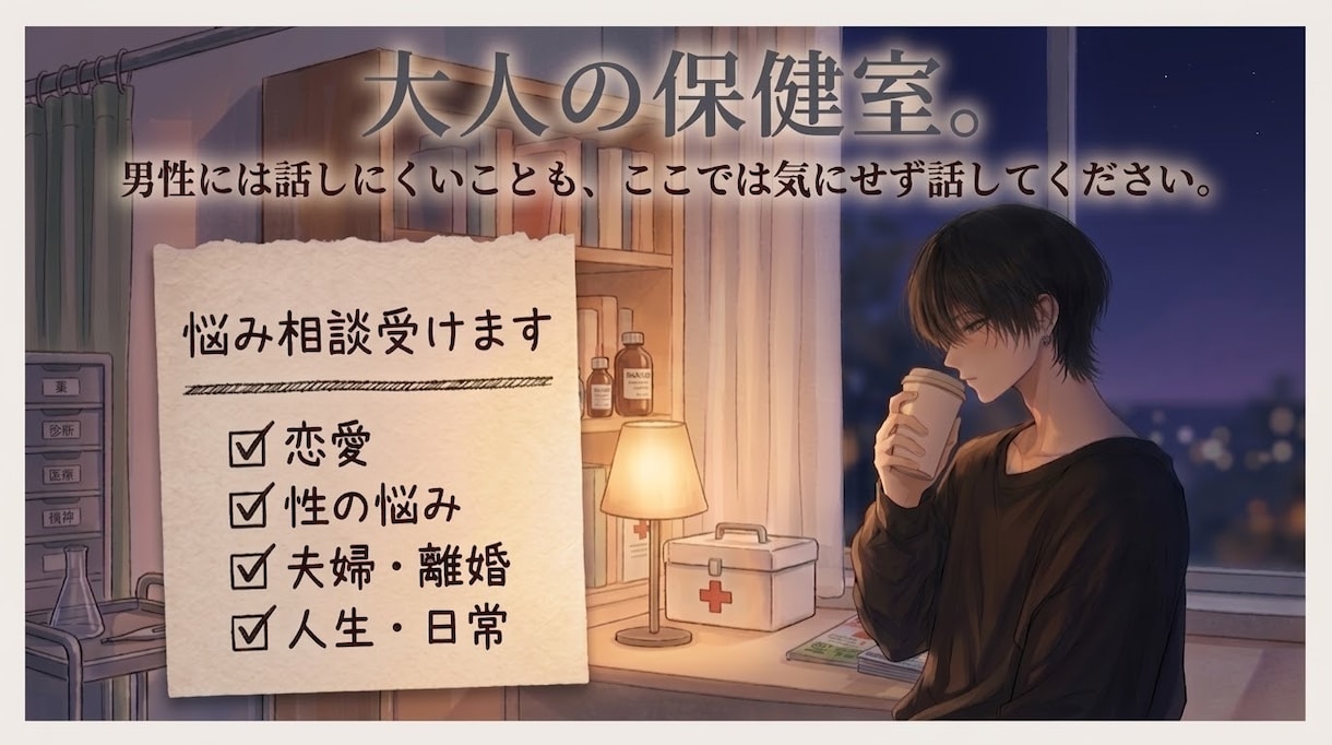 大人の保健室｜男性には話しにくい悩みを聞きます 恋愛・男性心理・性・夫婦・離婚・人生、気軽にお話しください イメージ1