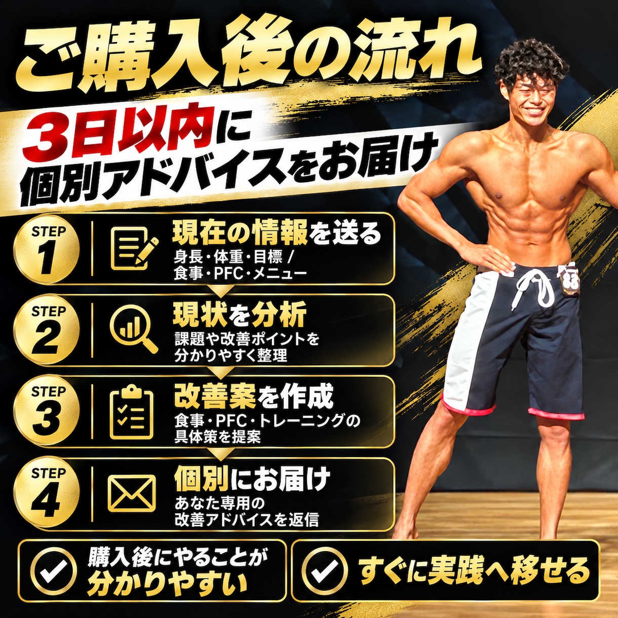 筋トレ男性の食事とメニューを添削します PFC・食事・筋トレをまとめて改善提案します イメージ3