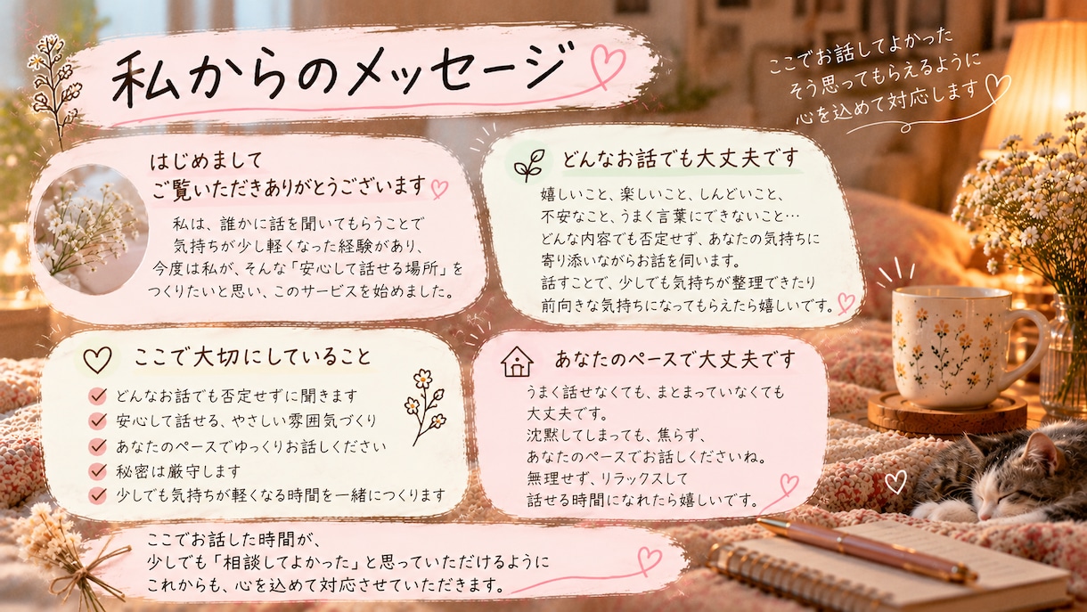 誰にも話せない本音を安心して話せる場所を作ります 否定せず、あなたの本音に優しく寄り添います イメージ3