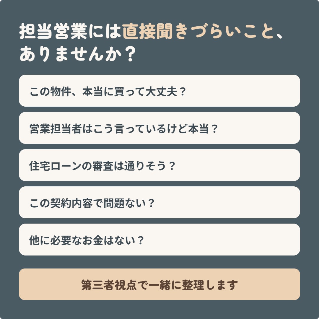 住宅購入の不安・疑問をまとめて相談できます 購入する・しないを決めるためのセカンドオピニオン イメージ2