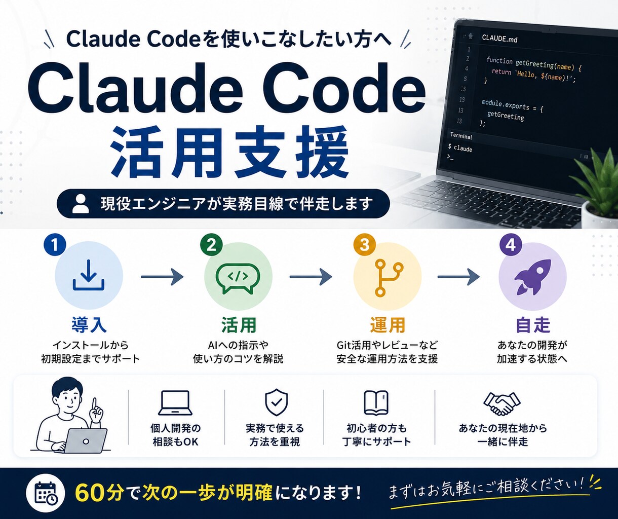 Claude Code活用を実務目線で支援します 現役エンジニアが「実際に使える状態」まで伴走します。 イメージ1