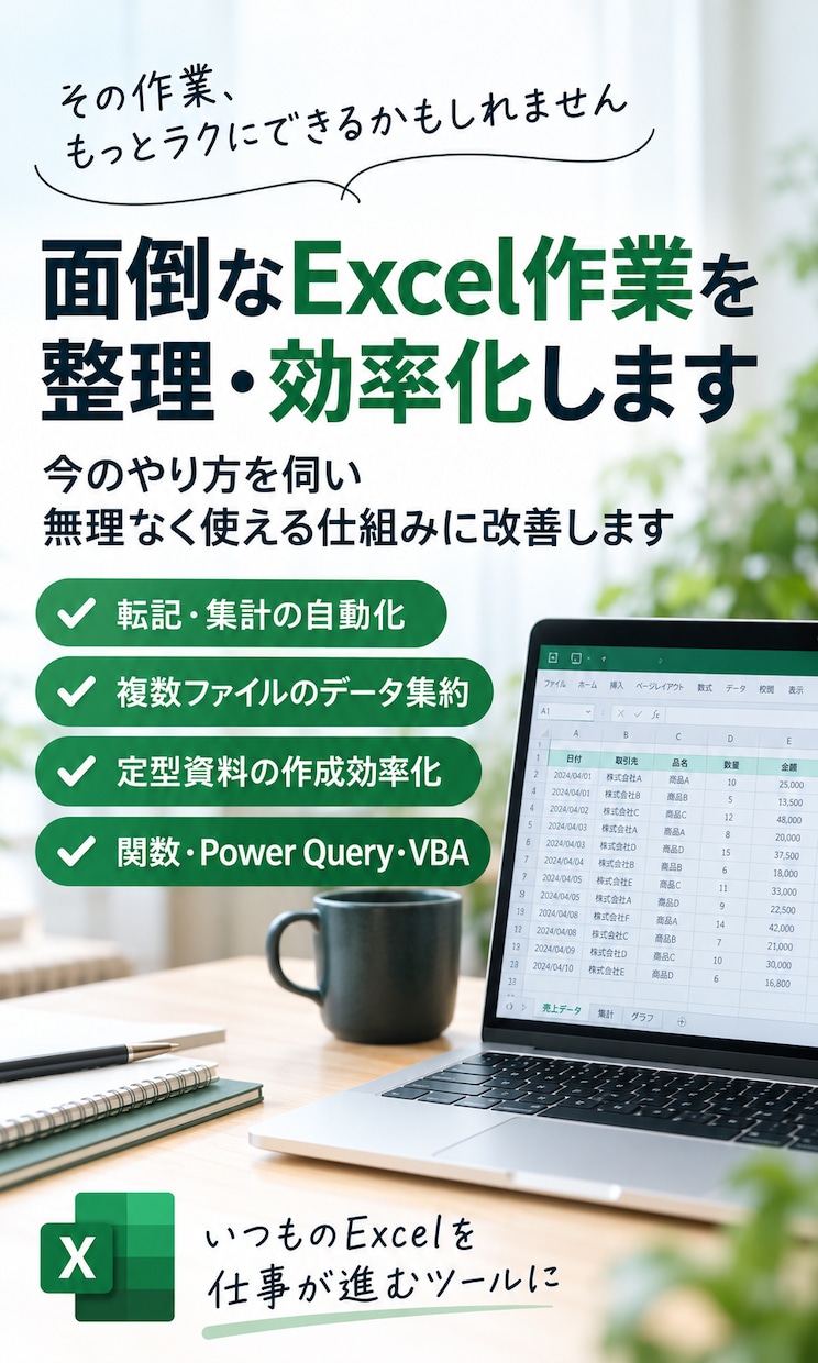 面倒なExcel作業を整理・効率化します 今のやり方を伺い、無理なく使える仕組みに改善します イメージ1