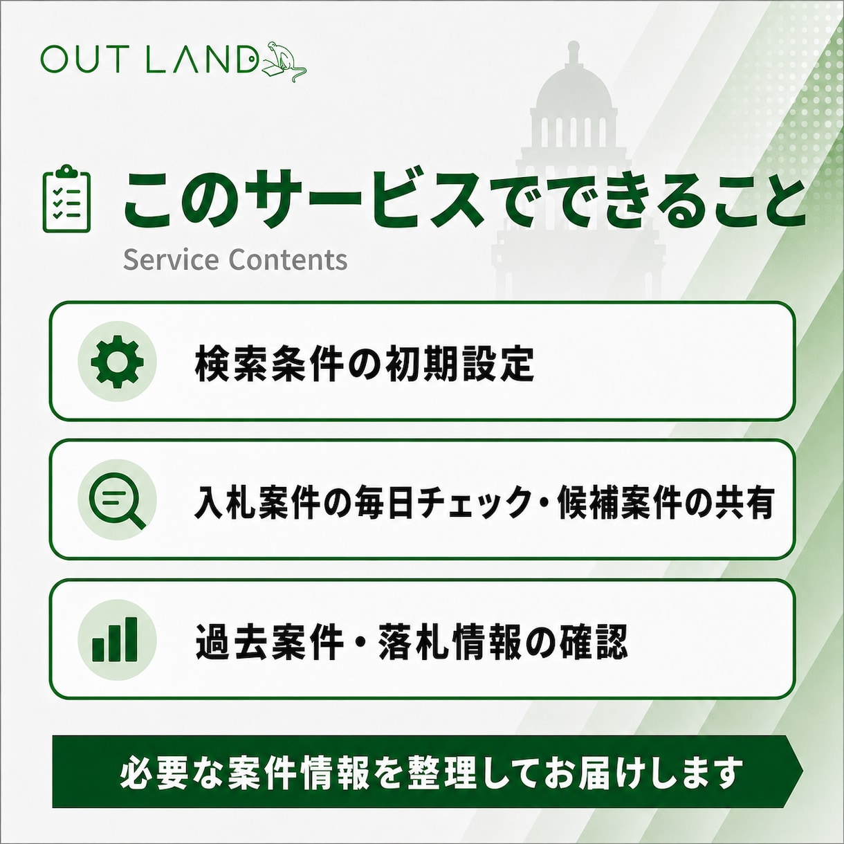 自治体向けの新規開拓案件を毎日お届けします 条件に合う国・自治体案件を選定し、営業先を探す手間を削減 イメージ3