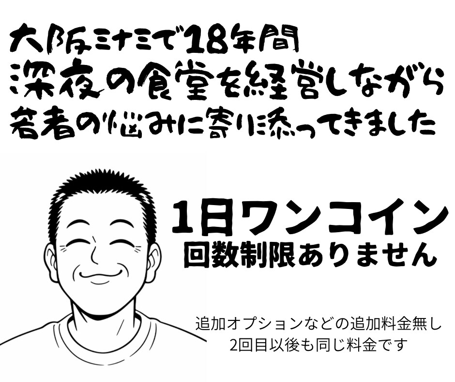 大阪ミナミの深夜の食堂のオヤジがお話ききます 孤独、人に言えない悩み、ホスト依存、仕事の悩み、人間関係 イメージ1