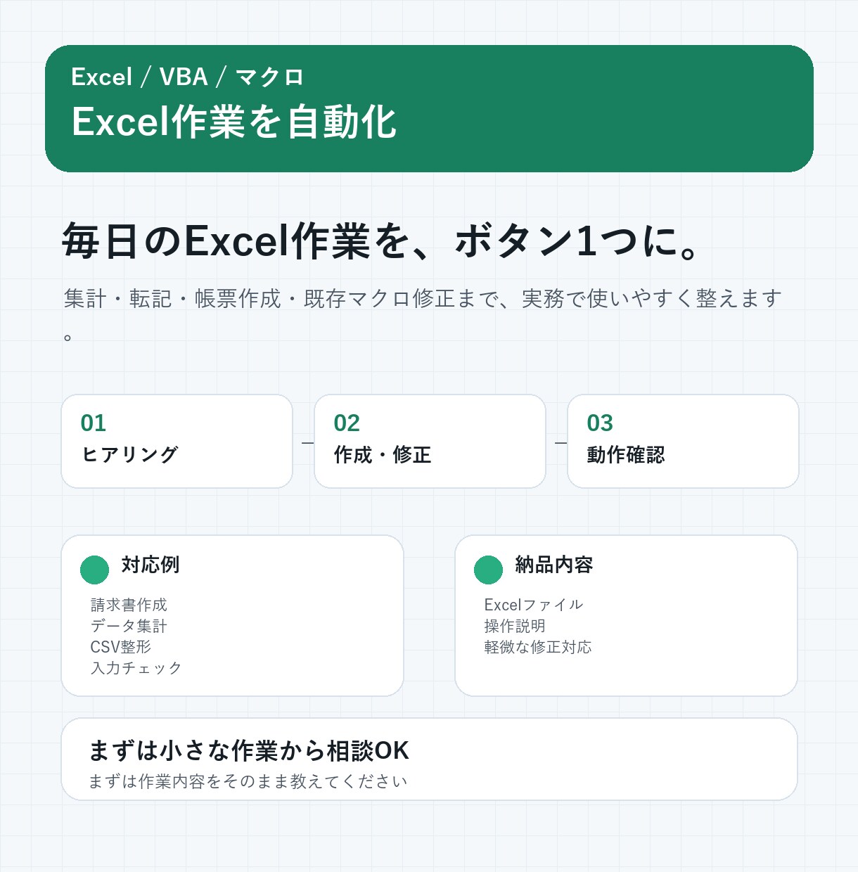 Excel作業を自動化・効率化します 集計・転記・帳票作成を効率化します イメージ1