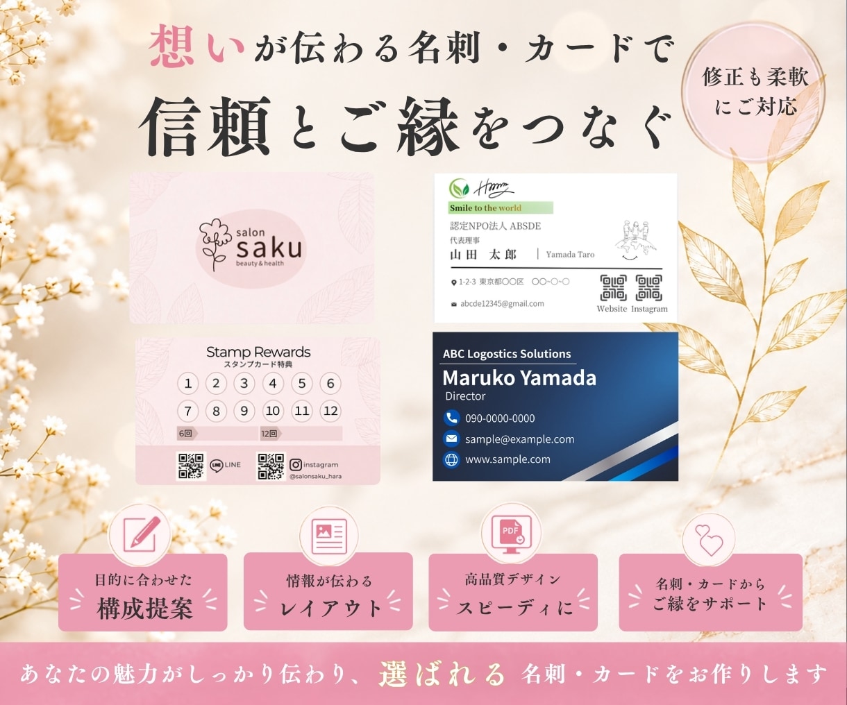スピーディに名刺・ショップカード類を作成いたします 寄り添いながら一緒に目的達成に向けて伴走します！ イメージ1