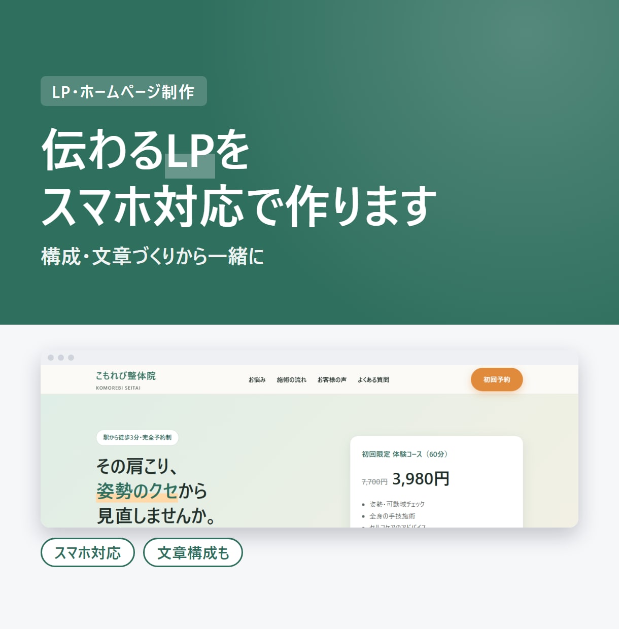 伝わるLPをスマホ対応で作ります 構成・文章づくりからご一緒します。1ページ完結のLP イメージ1
