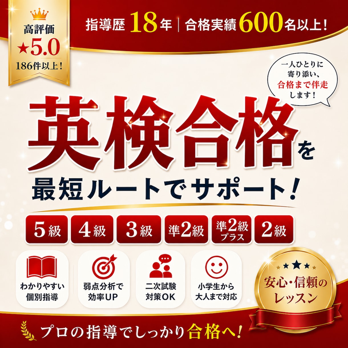 指導歴17年英検合格を目指すレッスンをします ※合格実績600名以上！プロの指導で確実に合格に導きます！ イメージ1