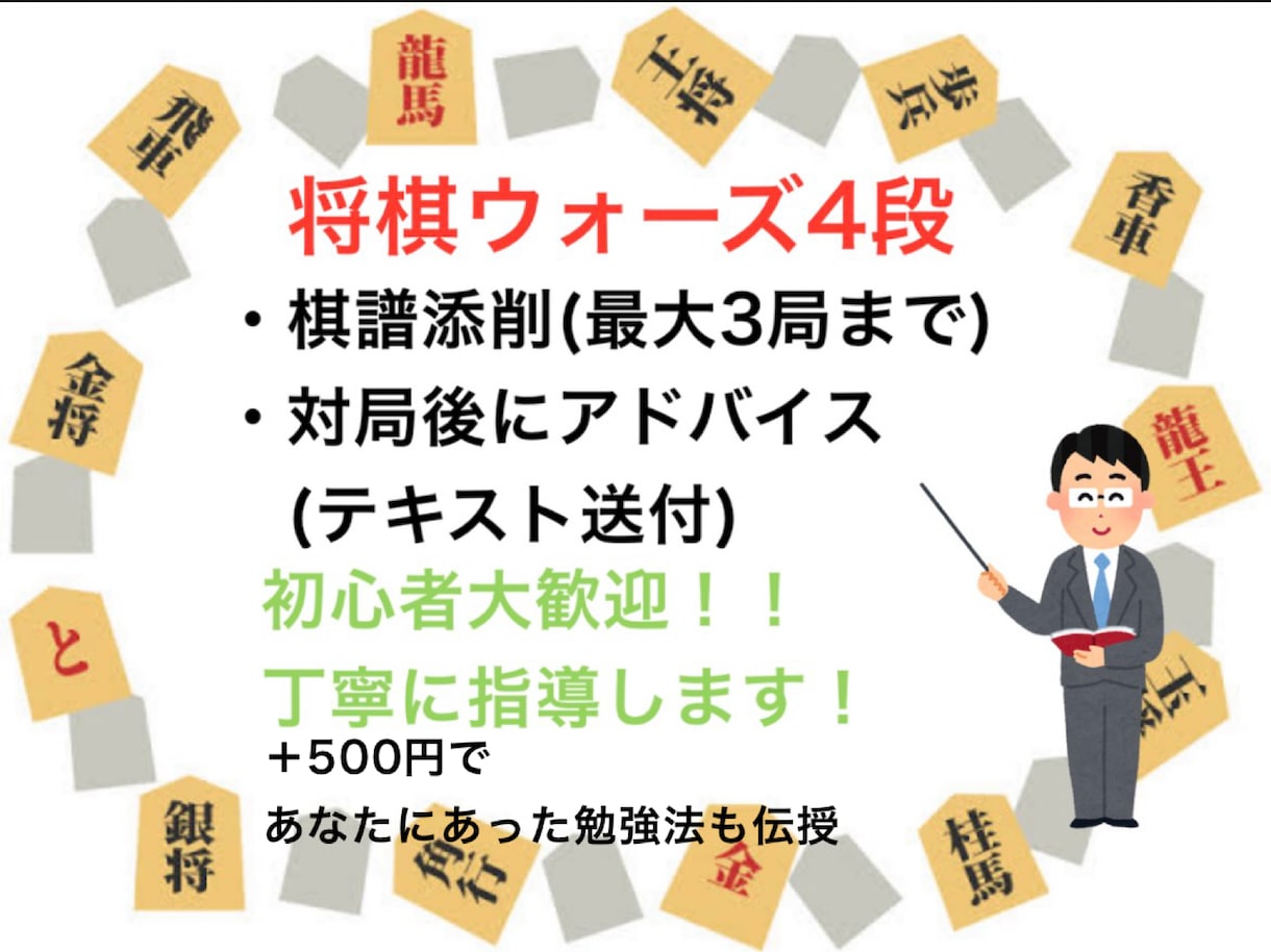 将棋アマ四段が指導！棋譜添削で上達できます 丁寧なアドバイスで上達をサポート！将棋の考え方が変わります！ イメージ1