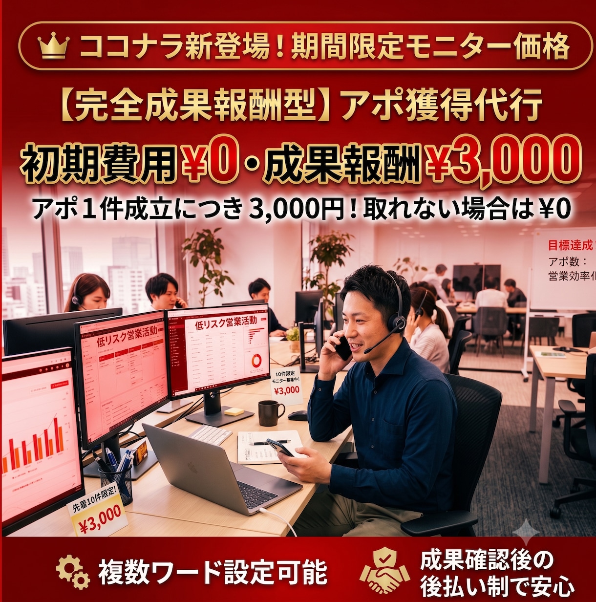 成果が出るまで無料！完全成功報酬型アポ代行します 10件限定！アポ取れなければ0円！アポ1件3,000円！ イメージ1