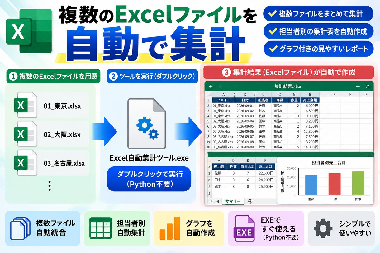 Excel・CSVの定型作業を自動化します 集計・結合・整理などの繰り返し作業を効率化します イメージ1