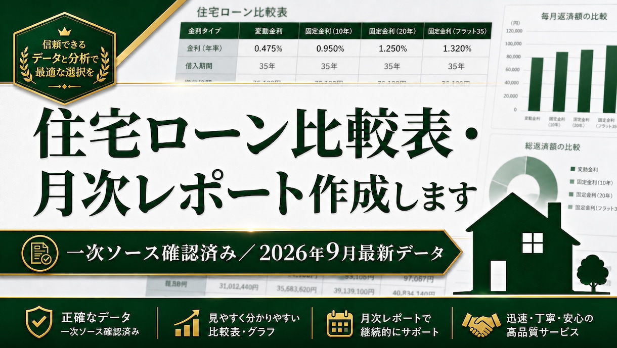 住宅ローン比較表・月次レポート作成します 全数値に一次ソースURLと確認日を明記！ イメージ1