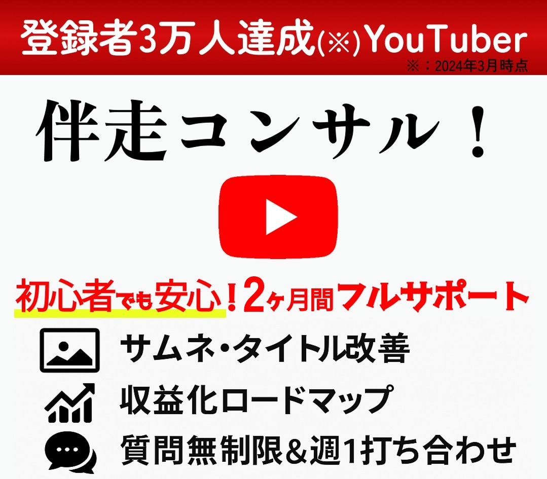 登録者3万人達成YouTuberが2ヶ月伴走します 初心者の方へ：質問に何度でも回答＆週1の打合わせで成果を出す イメージ1