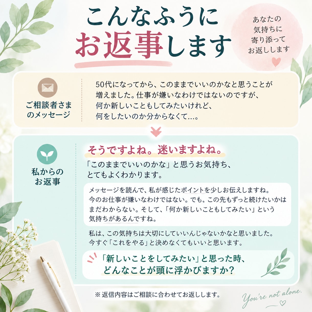 50代からの不安をメッセージで一緒に整理します まとまらない気持ちも、文字にすると見えてくる イメージ4