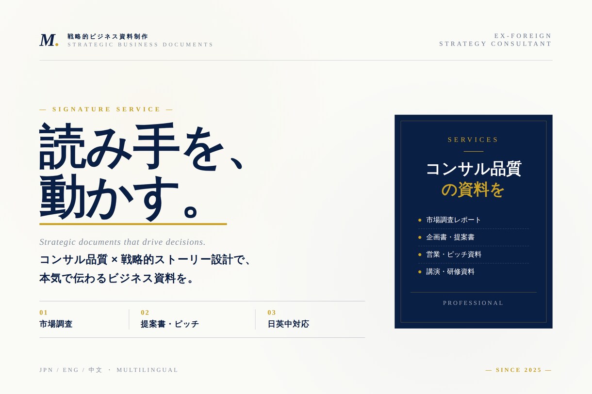 元外資コンサルがあなたの資料をプロ級に仕上げます 大手企業向け戦略資料を作成した経験からプロの品質をお届け イメージ1