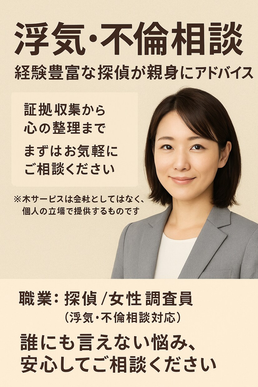 浮気不倫相談｜経験豊富な女性探偵がアドバイスします 誰にも言えないお悩み、プロの探偵が親身に寄り添います イメージ1