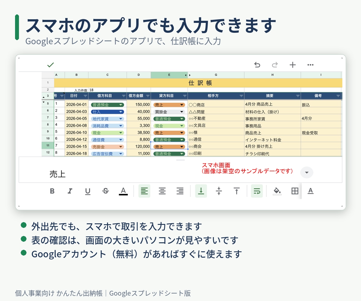 個人事業向け出納帳スプレッドシートを提供します Excel不要。1行入力で元帳と集計表が自動で完成！ イメージ7