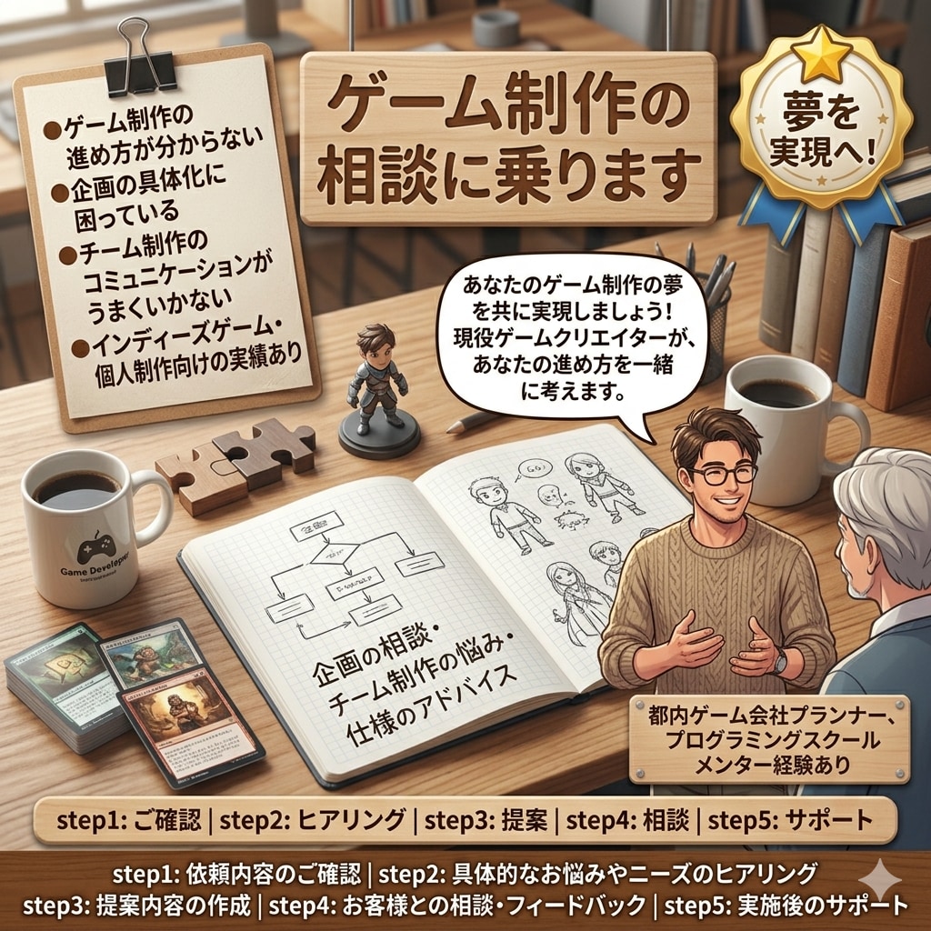 ゲーム制作の相談に乗ります 企画の相談、チーム制作の相談なんでも乗ります！ イメージ1