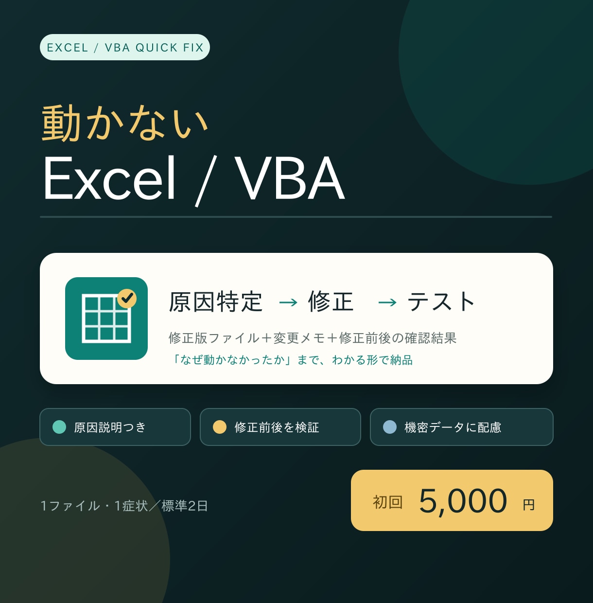 動かないExcel・VBAを原因特定して修正します エラー・動作不良を1症状から丁寧に確認します イメージ1