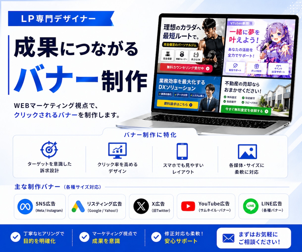集客に強いバナー制作｜広告運用者の視点で改善します ｜広告データを読み解き、“成果につながるデザイン”をご提案 イメージ1