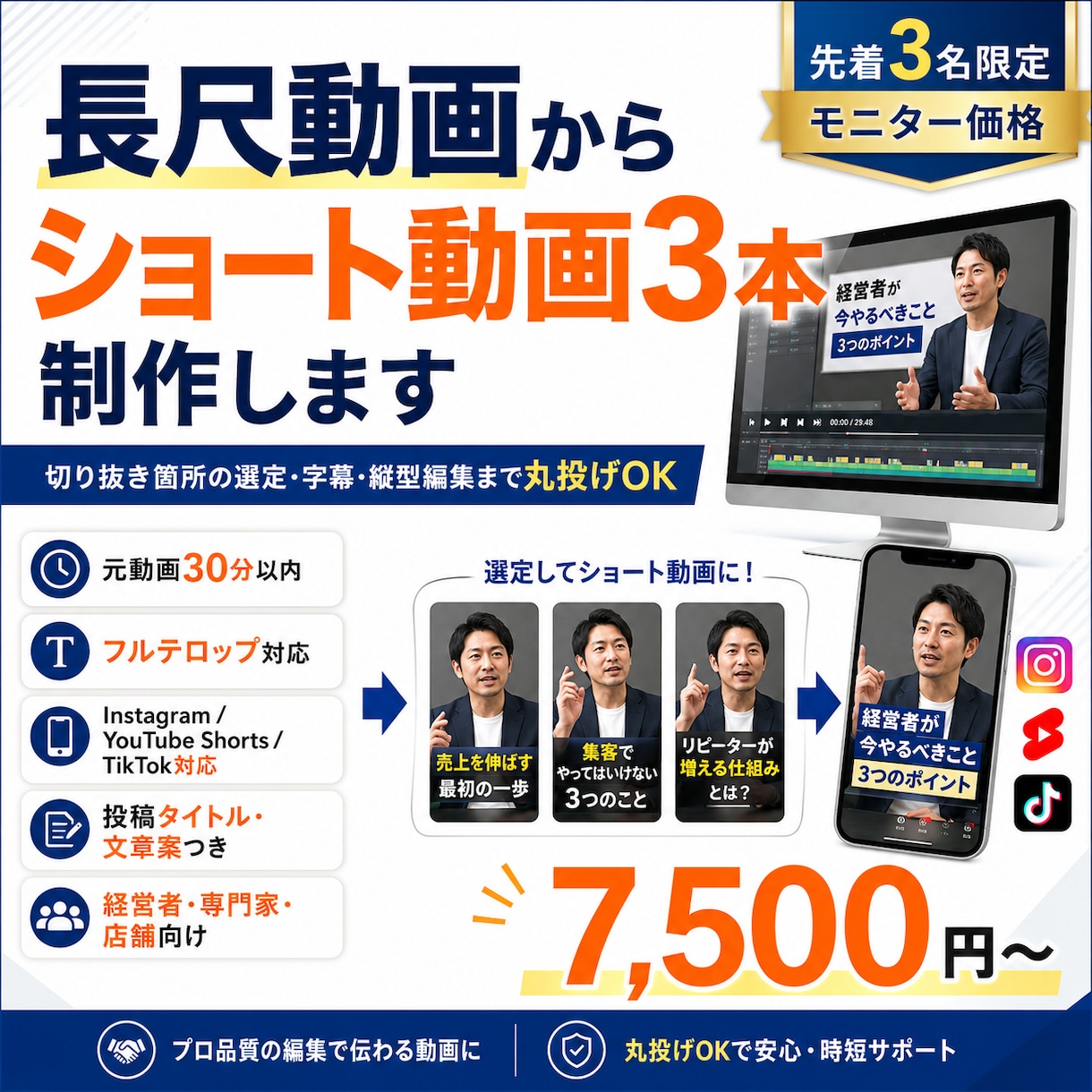 長尺動画からSNS用ショート動画3本を制作します 切り抜き箇所の選定・字幕・縦型編集まで丸投げOKです イメージ1
