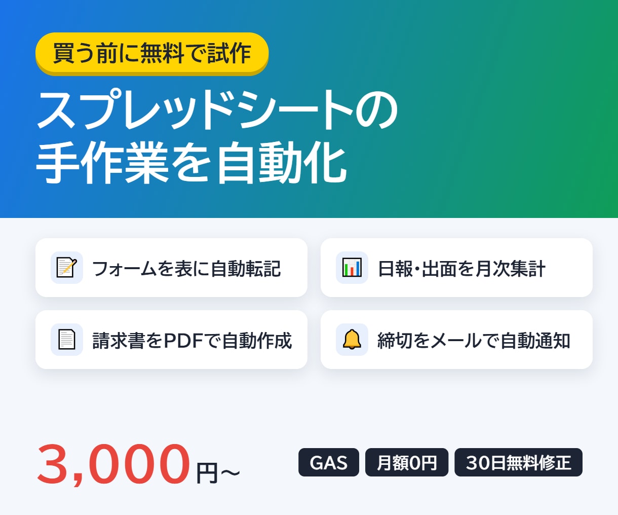 スプレッドシートの手作業をGASで自動化します 買う前に無料で試作。動くのを見てから決められます イメージ1