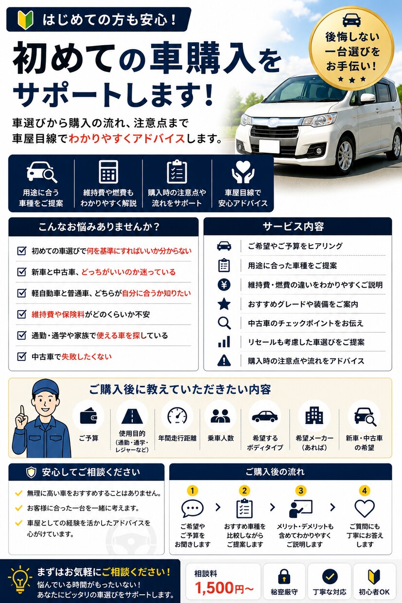 初めての車購入相談のります 初めての車選びも安心！車屋目線で後悔しない一台選びをお手伝い イメージ1