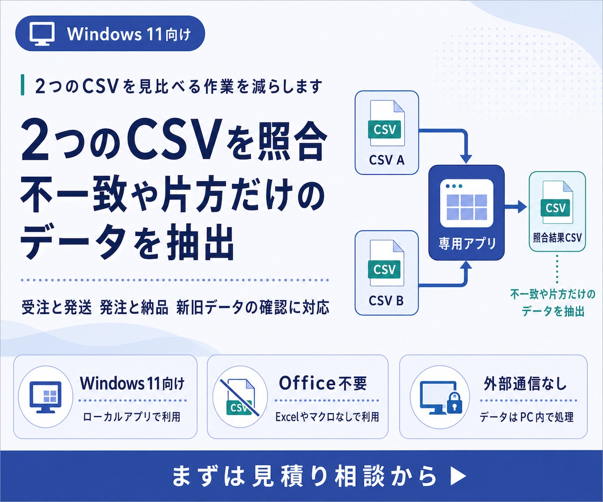 2つのCSVを照合して違いを抽出します 不一致や不足データを理由付きで確認 イメージ1