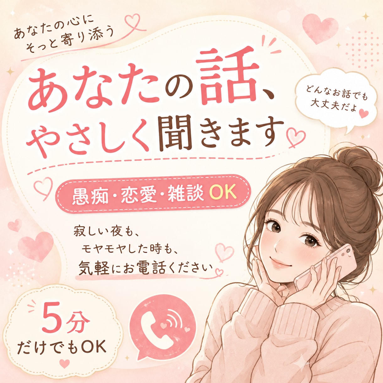 癒しボイスで寂しい夜も、なんでもお話聞きます 愚痴・恋愛・雑談まで、気軽に優しく話し相手になります イメージ1