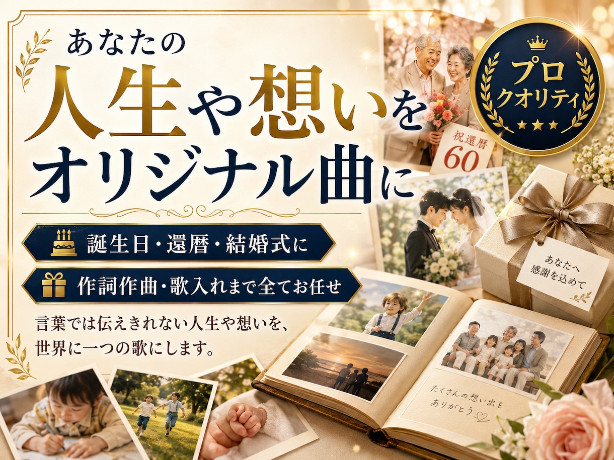 あなたの人生や想いをオリジナル曲にします 誕生日・還暦・結婚式に｜作詞作曲・歌入れまで全てお任せ イメージ1