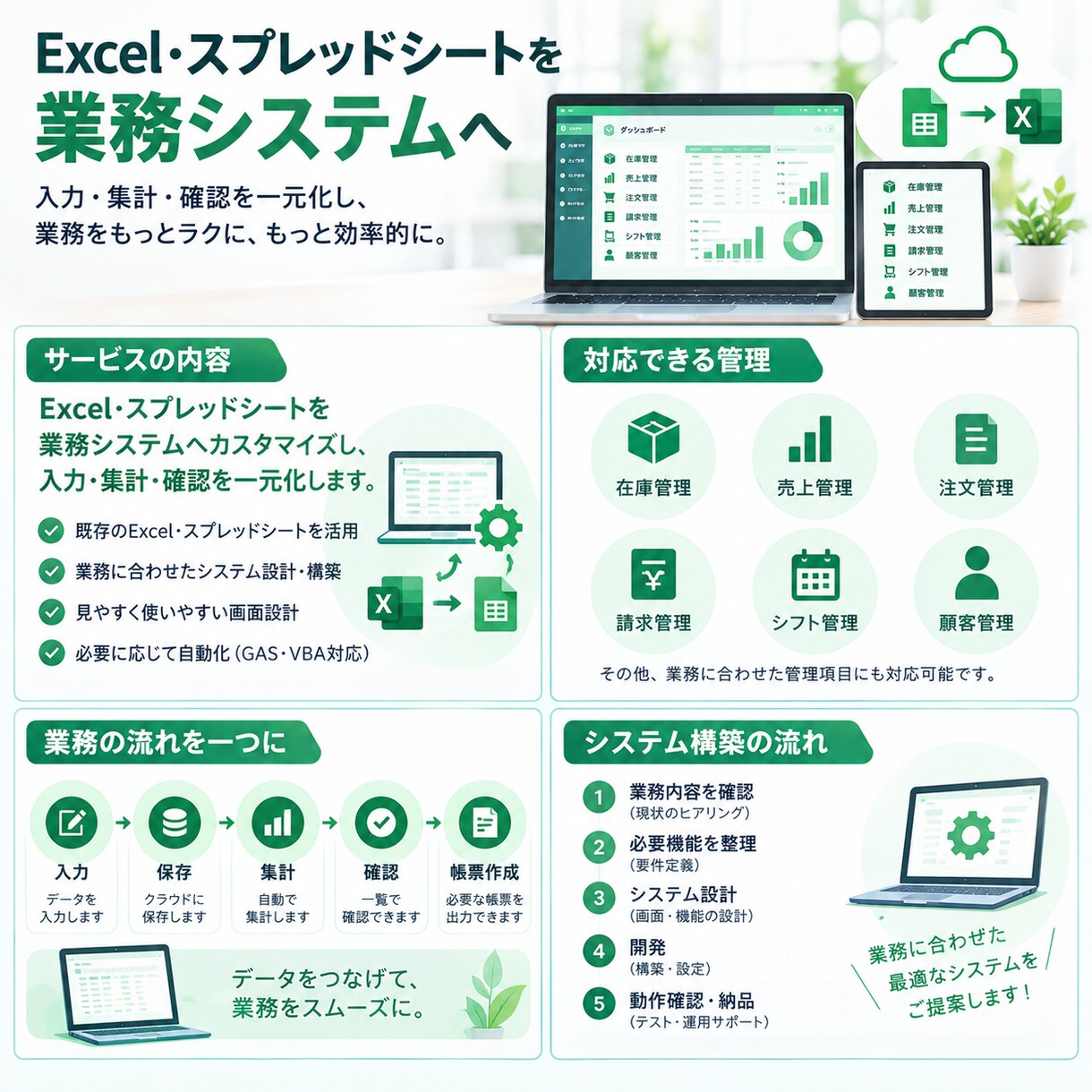 Excel・スプレッドシートで業務システム化します 在庫・売上・請求などを一つにまとめます イメージ2