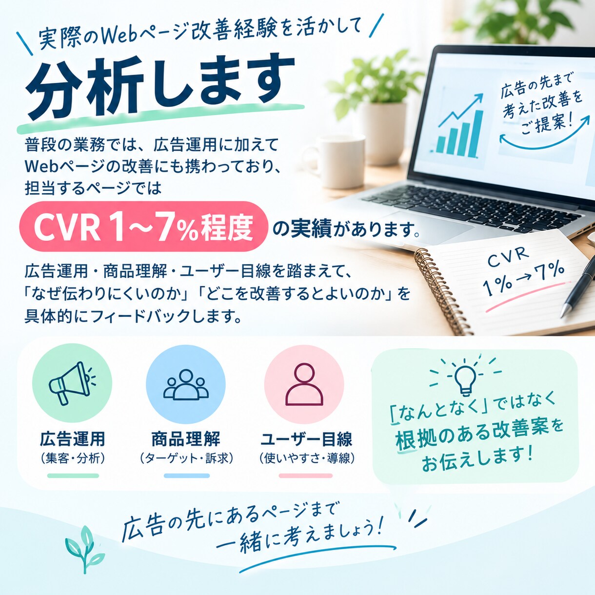 LP・商品ページの改善点をお伝えします CVR改善の視点でページを具体的に分析します イメージ3