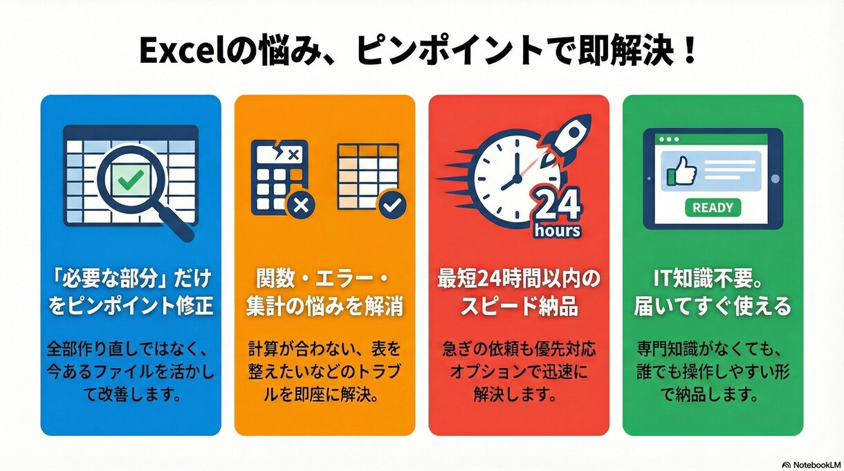 Excelのお悩みを解決いたします 「困ってる部分だけ」ピンポイント修正します イメージ1