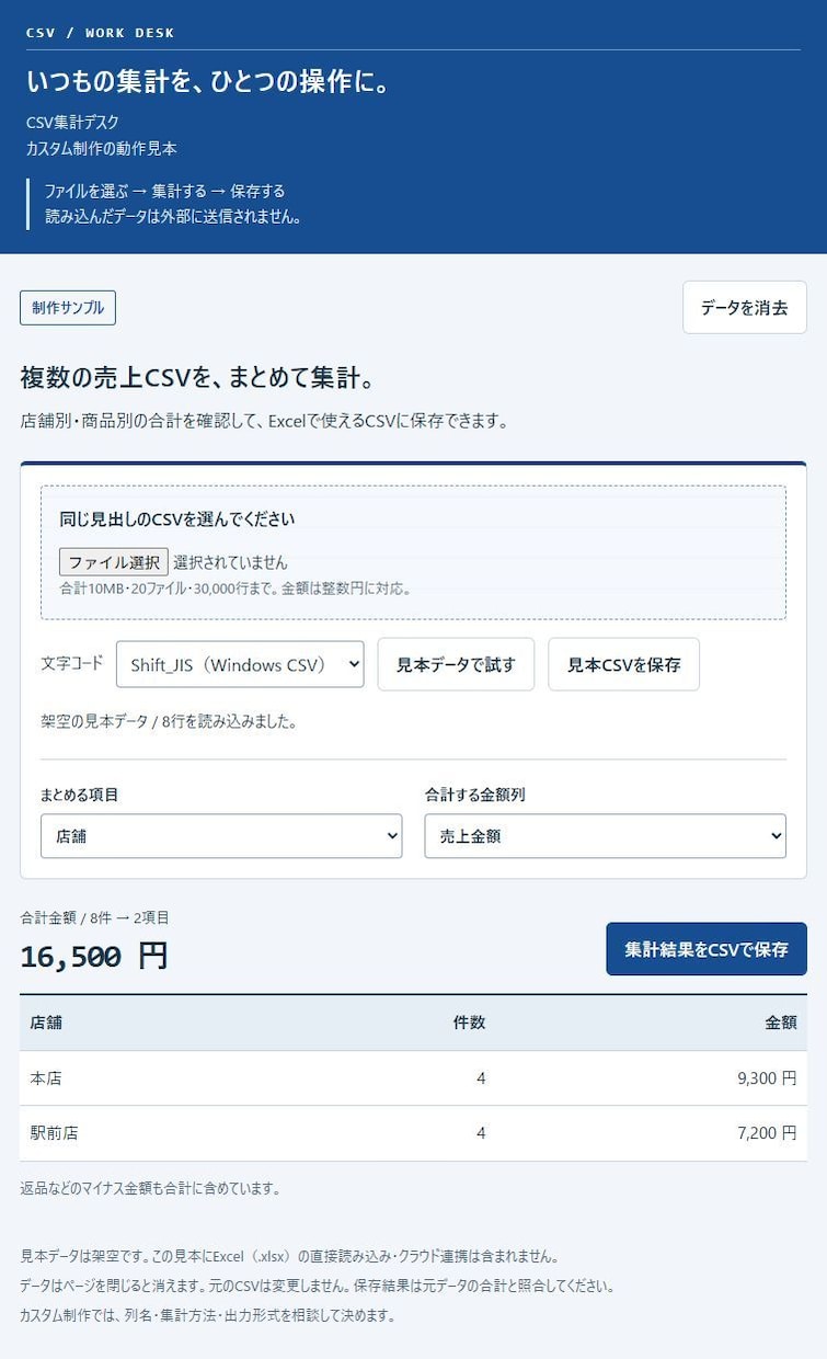 店舗別・商品別のCSV集計ツールを作ります CSVをまとめて集計。手元のブラウザで繰り返し使えます イメージ2