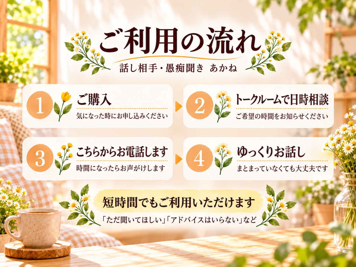 愚痴やモヤモヤをゆっくりお聞きします ひとりで抱え込まず、少し話してみませんか？ イメージ3