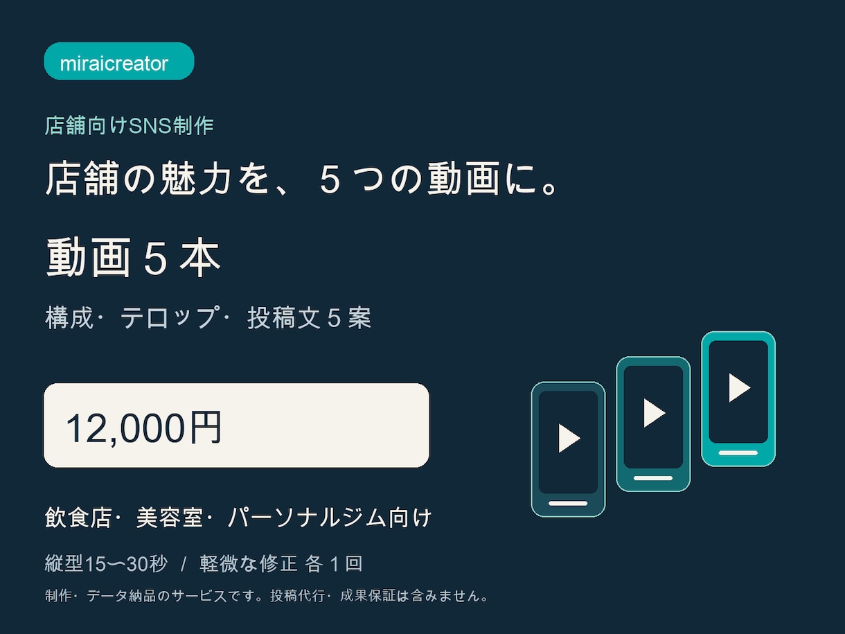 店舗向けSNS広告動画を５本制作します 投稿のネタ切れに。構成から投稿文まで５本セット イメージ1