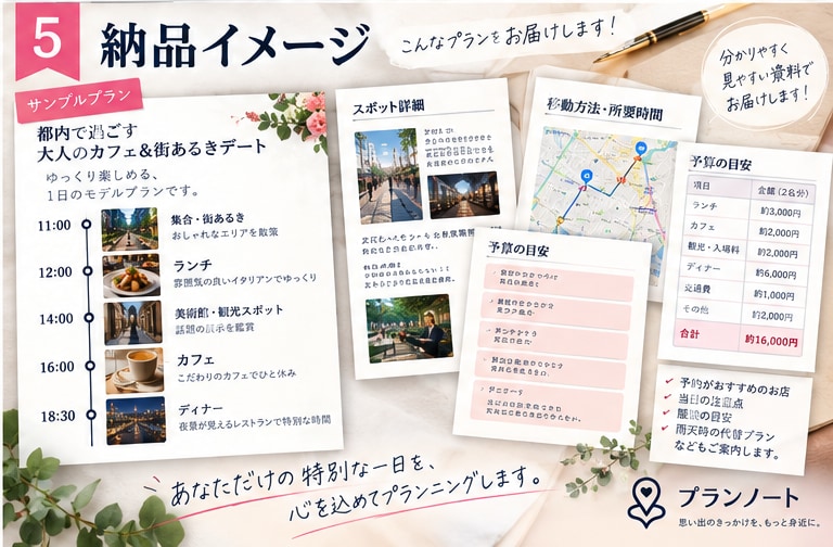 あなた専用のデートプランを丸ごと作ります お店探しから移動・予算・雨の日まで面倒な計画をお任せください イメージ5