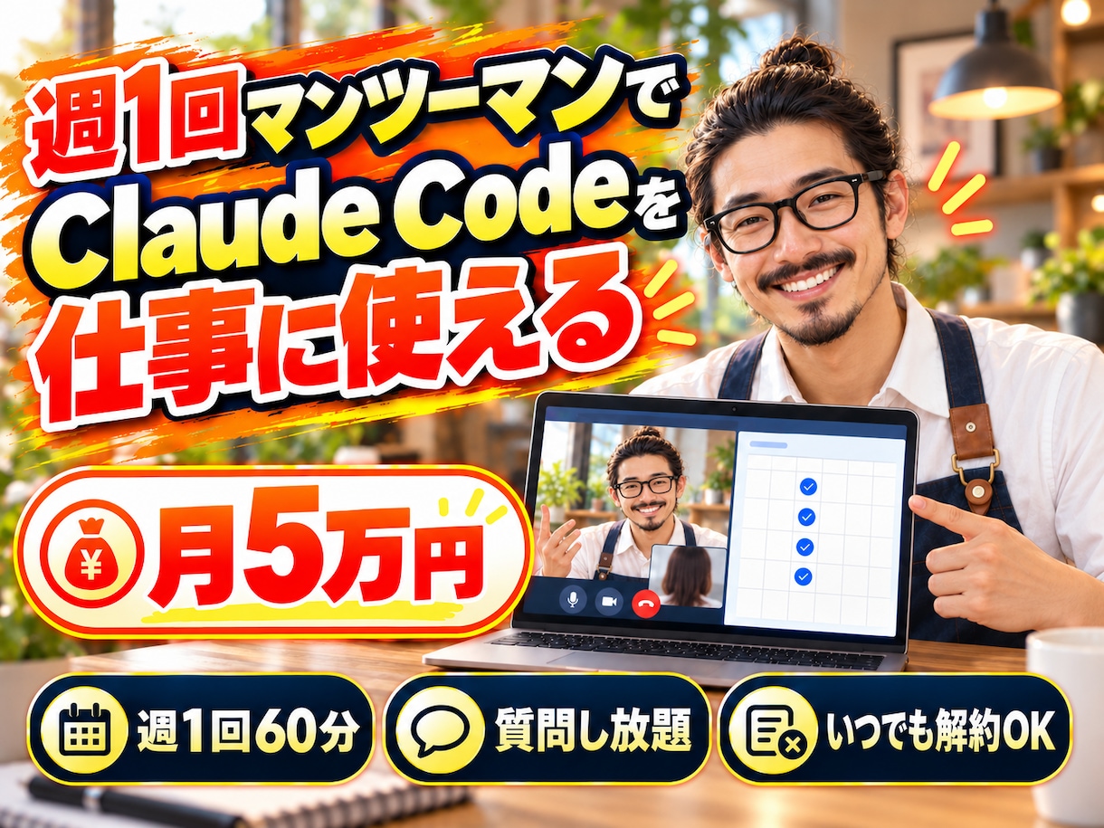 毎週マンツーマンでClaude Codeを教えます 週1回60分・質問し放題・いつでも解約できる月額レッスン イメージ1