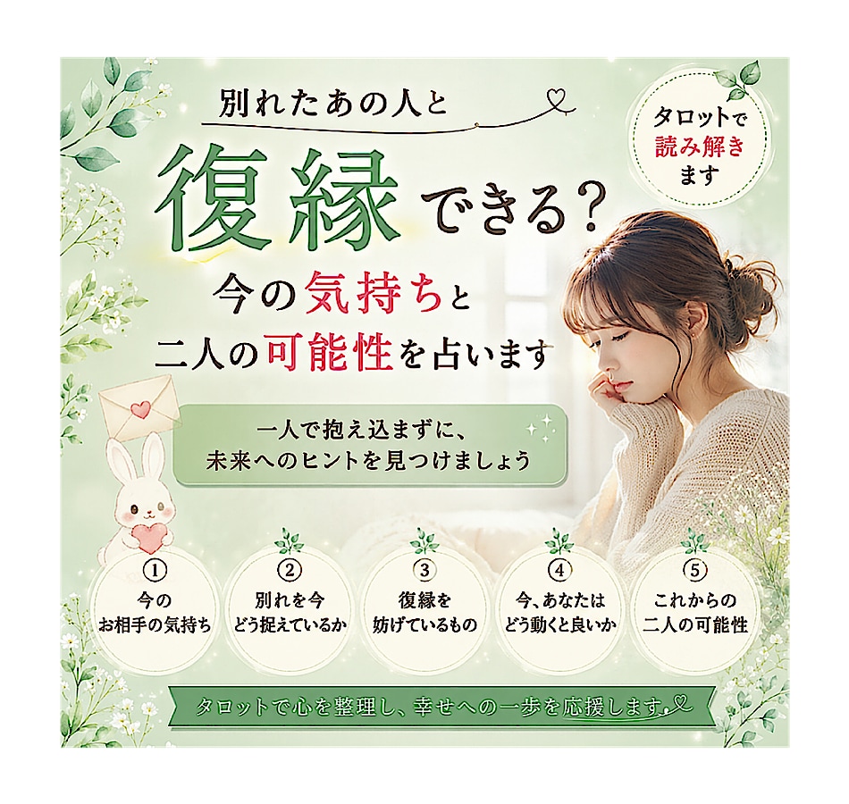 別れたあの人との復縁の可能性を占います 今の気持ち・復縁を妨げるもの・これからの二人を読み解きます イメージ1
