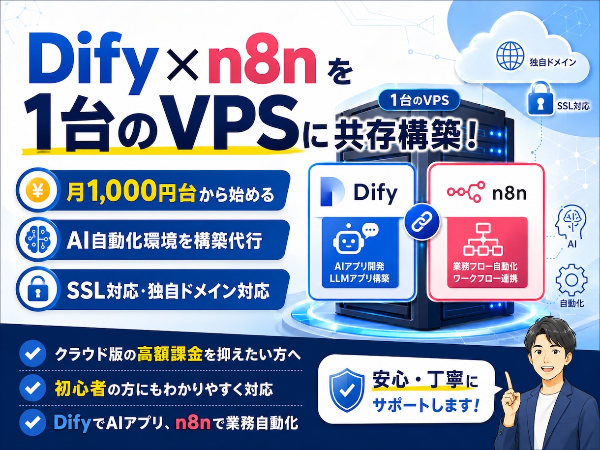 Difyとn8nを1台のVPSに構築します 月額1,000円台から始めるAI自動化サーバー環境 イメージ1