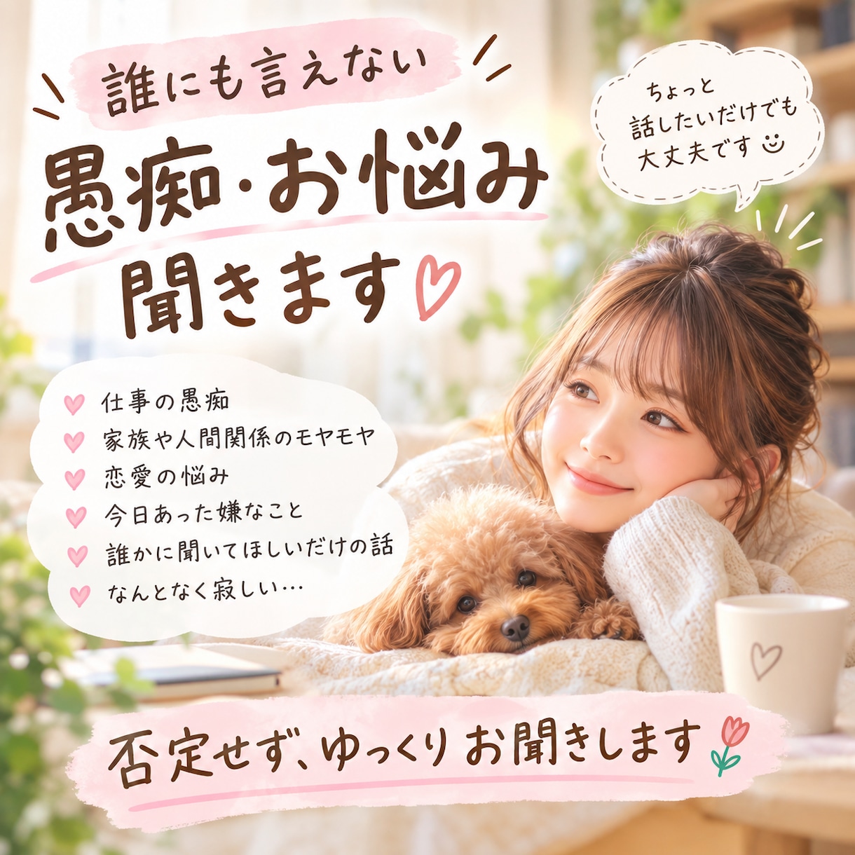 誰にも言えない愚痴や悩み、優しくお聞きします 誰にも言えない愚痴やモヤモヤ、ゆっくりお聞きします イメージ1