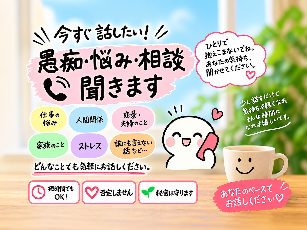 今すぐ話したい！愚痴・悩み・相談を聞きます 少しだけ話したい、そんな時もお気軽にどうぞ イメージ1