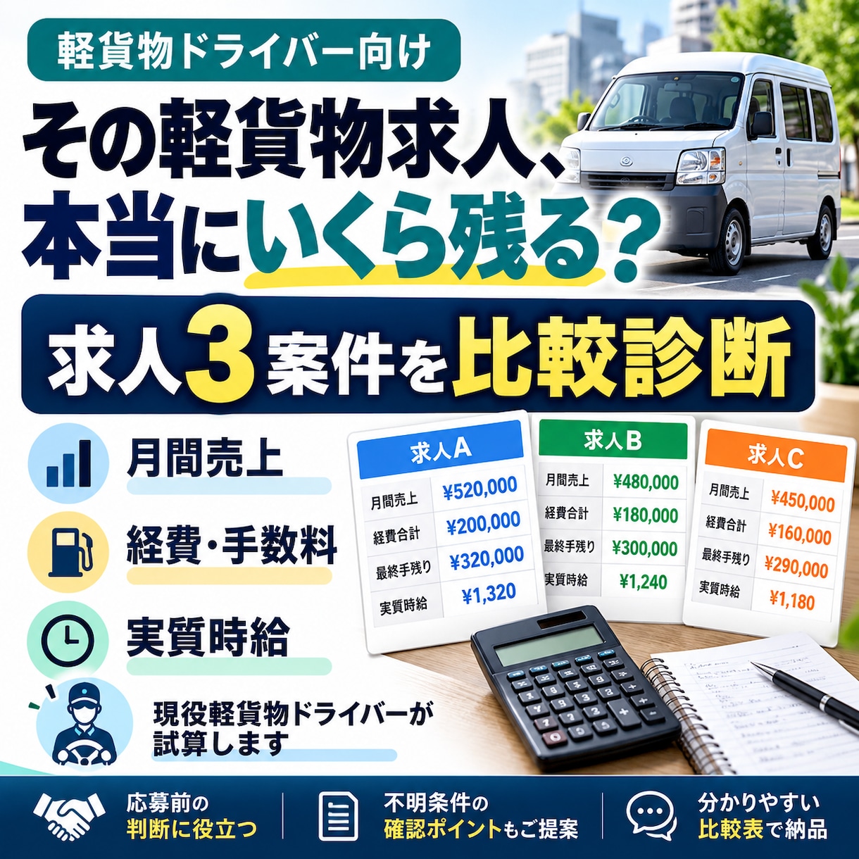 軽貨物求人3案件の手残りを比較します 現役ドライバーが経費・手数料込みで収支を分析 イメージ1