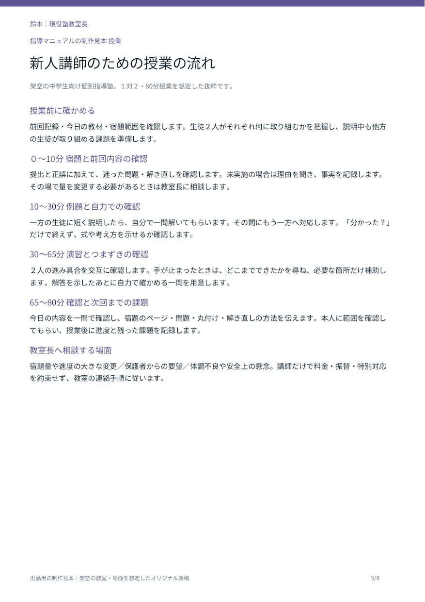 個人塾の新人講師向け指導マニュアルを作ります 授業の進め方と記録を教室の方針に合わせて整理 イメージ3